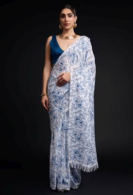 white chinon prinnted ready to wear saree 1