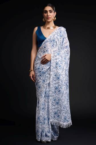 white color chinon fabric designer prinnted ready to wear saree