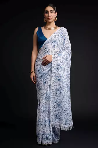 white color chinon fabric designer prinnted ready to wear saree