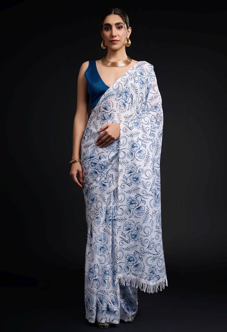 white color chinon fabric designer prinnted ready to wear saree