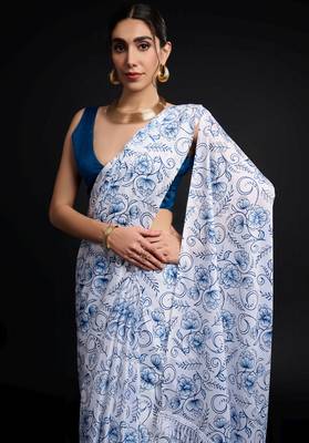 white chinon prinnted ready to wear saree 2