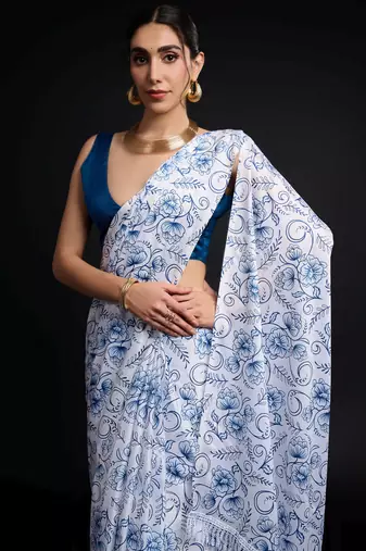 white chinon prinnted ready to wear saree