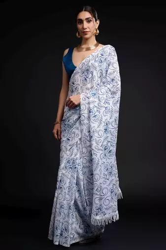 white chinon prinnted ready to wear saree