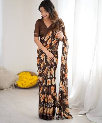 coffee moss satin patta stylish partywear saree 5
