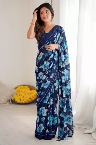 blue color moss satin patta stylish partywear saree
