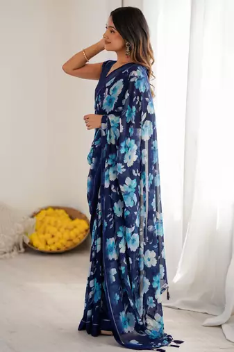 blue moss satin patta stylish partywear saree