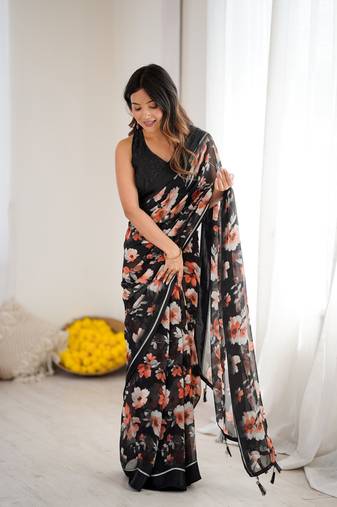 black color moss satin patta stylish partywear saree