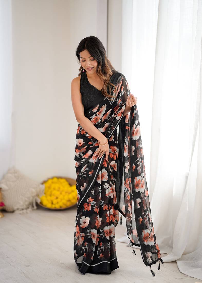 black color moss satin patta stylish partywear saree