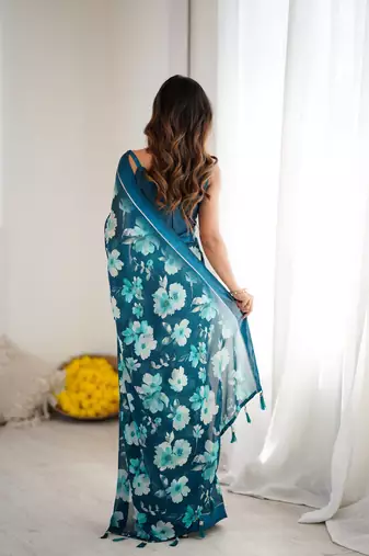teal moss satin patta stylish partywear saree
