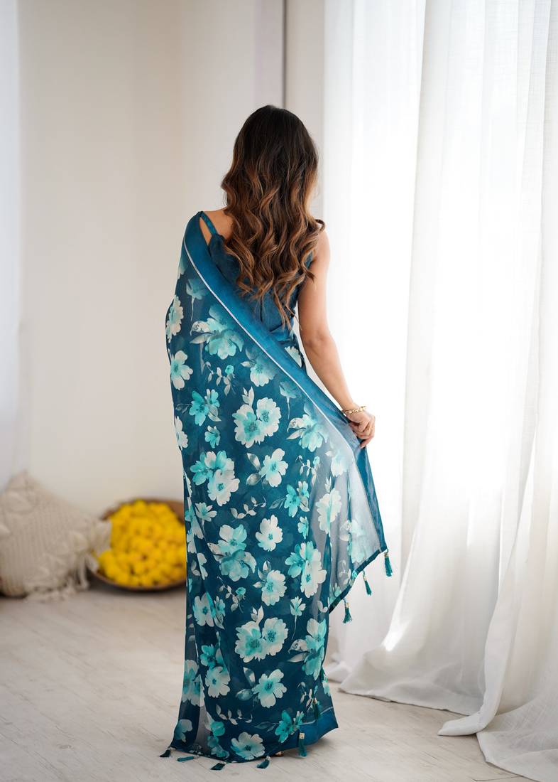 teal color moss satin patta stylish partywear saree