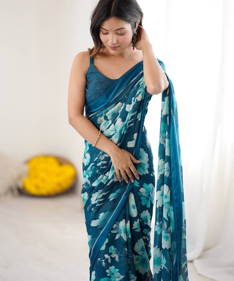 teal color moss satin patta stylish partywear saree