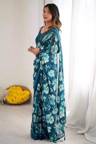 teal moss satin patta stylish partywear saree