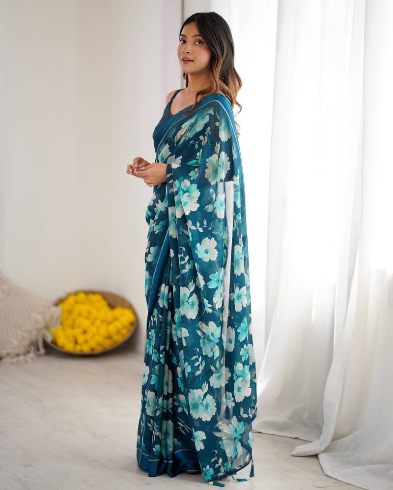 teal color moss satin patta stylish partywear saree