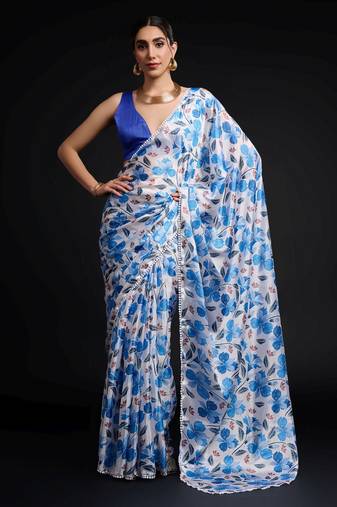 blue color chinon fabric designer digital printed ready to wear saree