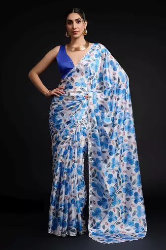 blue color chinon fabric designer digital printed ready to wear saree