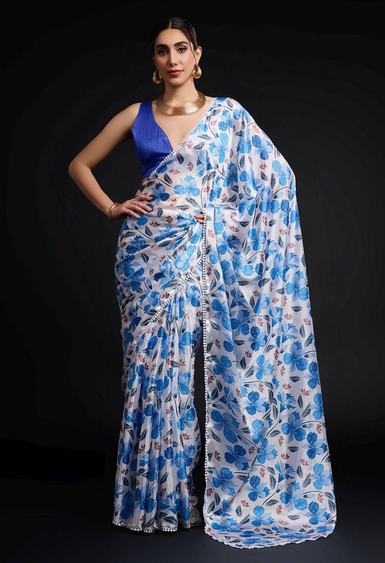 blue color chinon fabric designer digital printed ready to wear saree