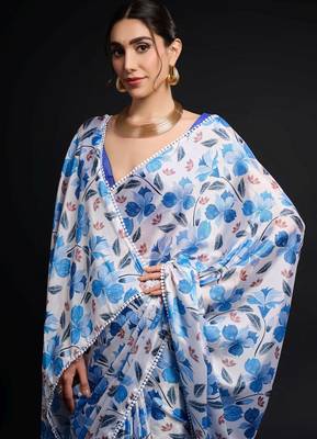 blue chinon digital printed ready to wear saree 3