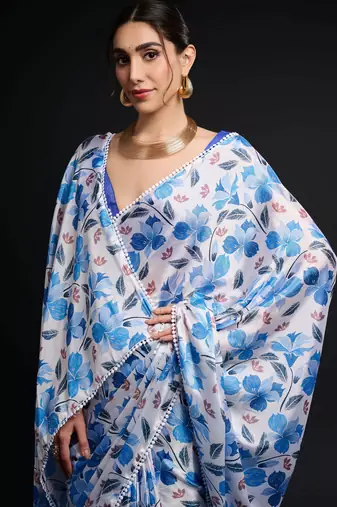 blue chinon digital printed ready to wear saree