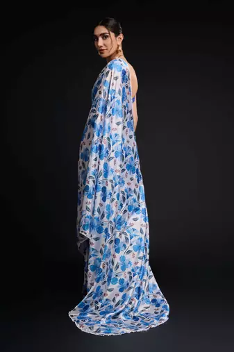 blue chinon digital printed ready to wear saree