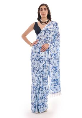 blue chinon digital printed ready to wear saree 1