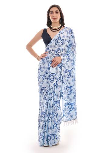 blue color chinon fabric designer digital printed ready to wear saree