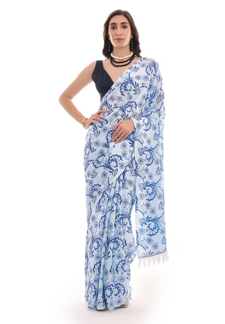 blue color chinon fabric designer digital printed ready to wear saree