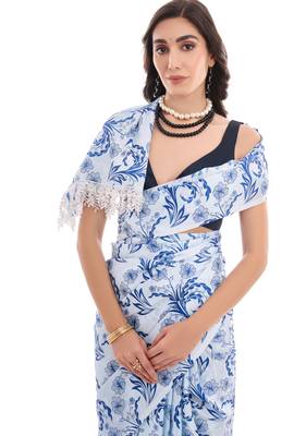 blue chinon digital printed ready to wear saree 2