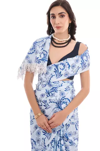 blue chinon digital printed ready to wear saree