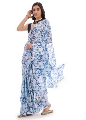 blue chinon digital printed ready to wear saree 3