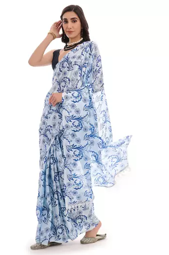 blue chinon digital printed ready to wear saree