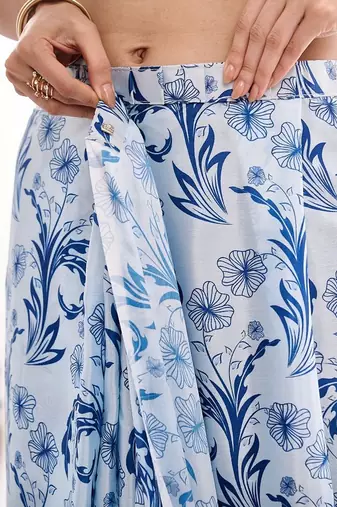 blue chinon digital printed ready to wear saree