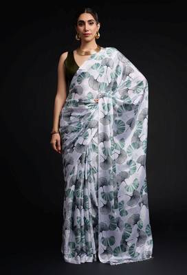 green chinon digital printed ready to wear saree 1