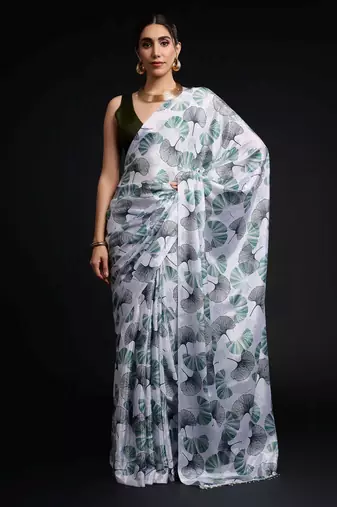 green color chinon fabric designer digital printed ready to wear saree