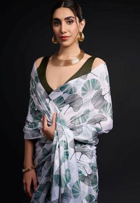 green chinon digital printed ready to wear saree 2