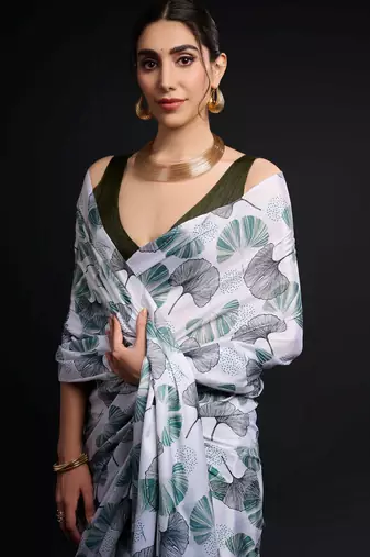 green chinon digital printed ready to wear saree