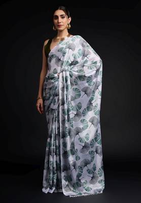 green chinon digital printed ready to wear saree 3