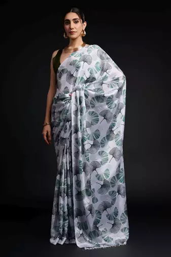 green chinon digital printed ready to wear saree