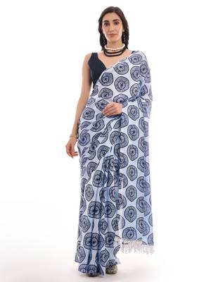 blue chinon digital printed ready to wear saree 1