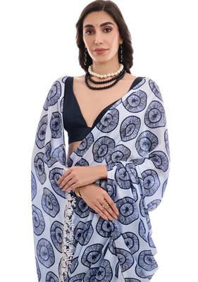 blue chinon digital printed ready to wear saree 2
