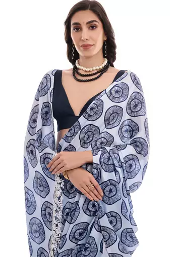 blue chinon digital printed ready to wear saree