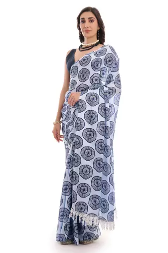 blue chinon digital printed ready to wear saree
