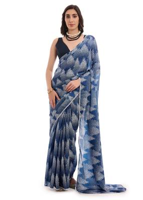 blue chinon digital printed ready to wear saree 1