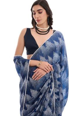 blue chinon digital printed ready to wear saree 2