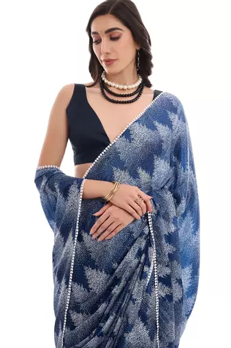 blue chinon digital printed ready to wear saree