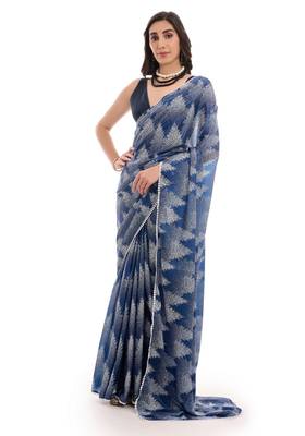blue chinon digital printed ready to wear saree 3