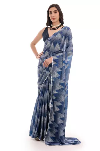 blue chinon digital printed ready to wear saree