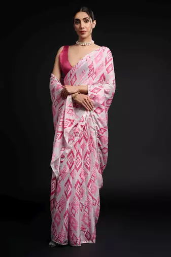 pink color chinon fabric designer digital printed ready to wear saree