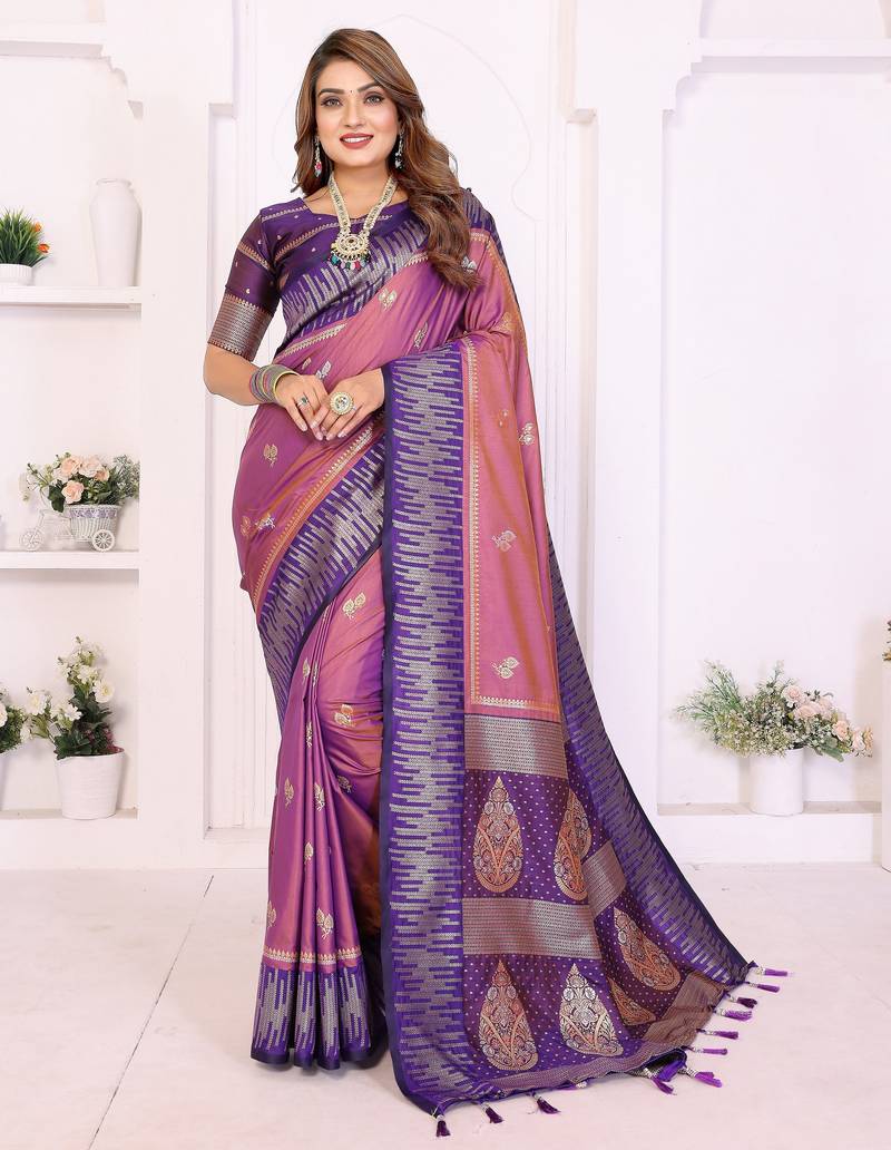 purple color south soft silk blend blend fabric woven rich pallu designer ceremonial saree