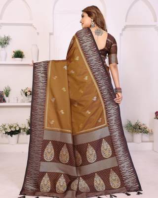 mustard south soft silk blend blend woven rich pallu ceremonial saree 3