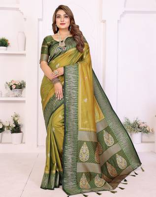 olive south soft silk blend blend woven rich pallu ceremonial saree 1